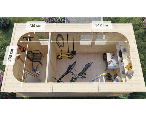 Översikt över ett trädgårdsskjul med inredning och mått