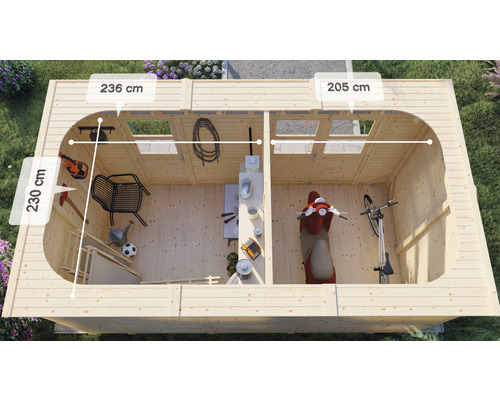 Översikt över ett trädgårdshus med mått för höjd och bredd.