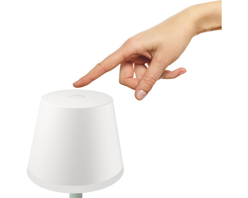 En hand berör en bordslampa för att använda den.