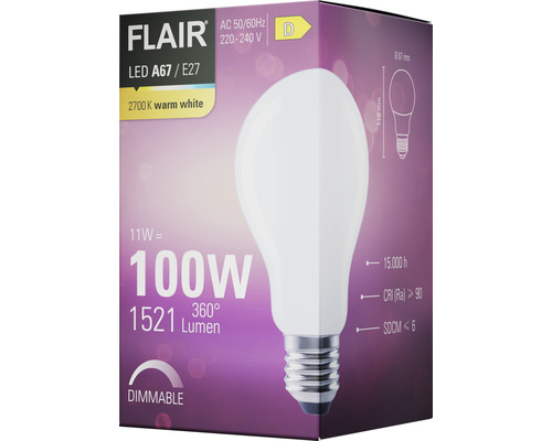 Förpackning med en dimbar Flair LED-lampa A67 E27 med 2700 Kelvin varmvitt