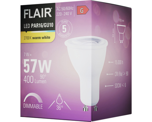 Förpackning för en Flair LED PAR16/GU10-lampa med 5 års garanti