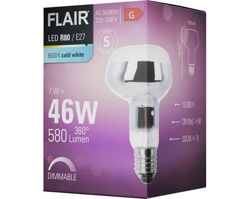 FLAIR LED-lampa R80 E27, 7 watt, motsvarar 46 watt, 6500 kelvin kallvit, dimbar