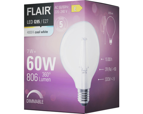 Förpackning för en dimbar Flair LED G95 E27-lampa med 806 lumen och 4000 Kelvin