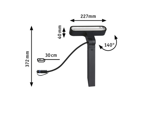 Mått på en trädgårdslampa: 372 mm hög, 227 mm bred, 40 mm djupt huvud, 30 cm kabellängd, 140 grader vridbar