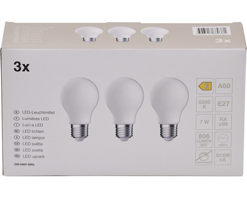 Förpackning med tre LED-lampor E27 7 watt