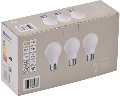 Förpackning med tre LED-lampor, A60-form, E27-sockel, 7 watt