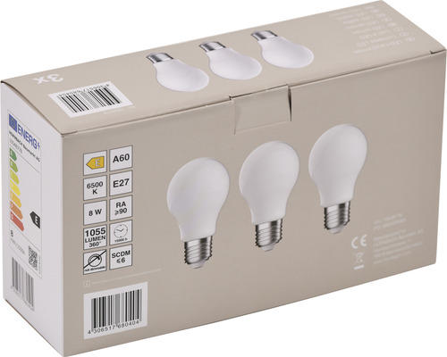 Förpackning med tre A60 E27 LED-lampor, 8 watt