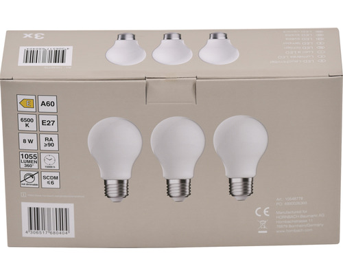 Förpackning med tre LED-lampor, E27-sockel, 8 watt, 1055 lumen