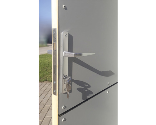 Detaljvy av en trädgårdsdörr med lås, handtag och nyckel