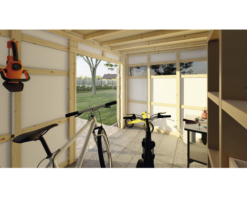 Trädgårdshus i trä med trädgårdsredskap, cyklar och hyllor