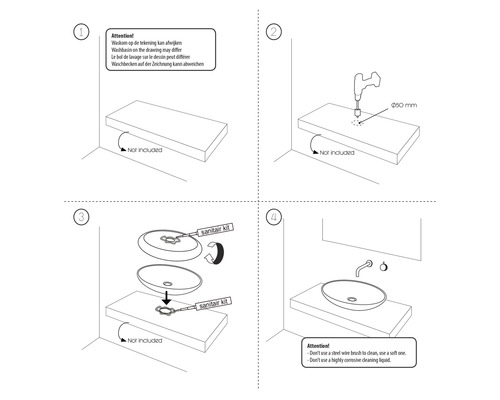 Monteringsanvisning för ett tvättställ med information om nödvändiga tillbehör och rengöring