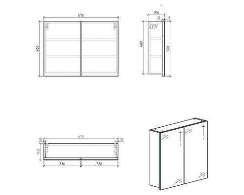 Teknisk ritning av ett spegelskåp med dimensioner