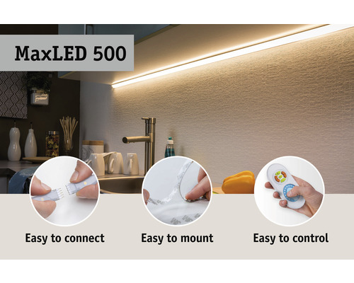 MaxLED 500 LED-list i ett kök med diskho och tillbehör, enkel montering och styrning