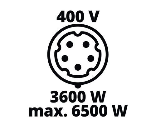 Symbol för 400 volt, 3600 watt upp till maximalt 6500 watt