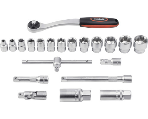 Hylsnyckelsats med spärrhandtag, förlängningar och hylsor