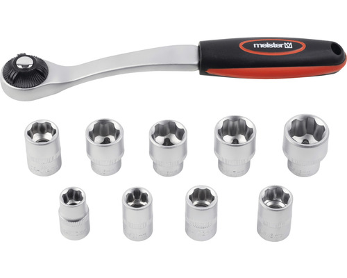 Meister hylsnyckelsats med omkopplingsspärr och tio insatser