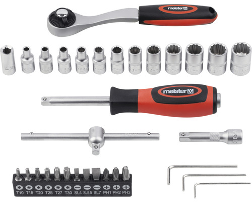 Hylsnyckelsats med spärrhandtag, diverse hylsor, skruvmejsel och bits