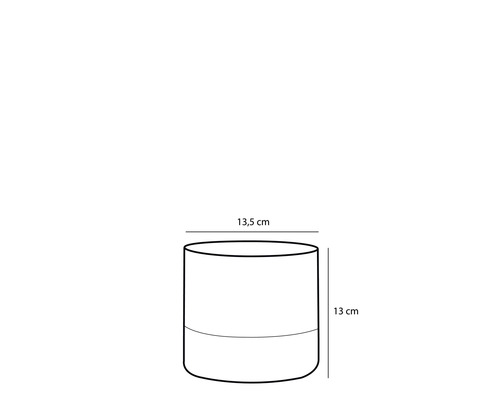 Skiss av en blomkruka med måtten 13,5 cm i diameter och 13 cm i höjd