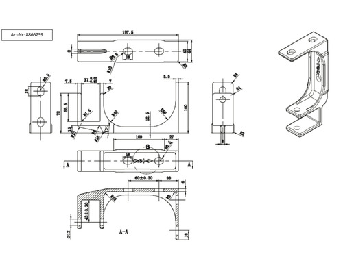 Teknisk ritning av ett fästelement med måttangivelser
