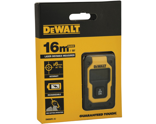 Förpackning med DeWalt laseravståndsmätare med en räckvidd på 16 meter