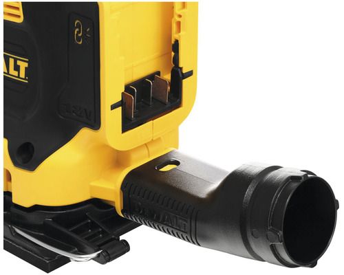 Detaljvy av en gul och svart slipmaskin med dammutsug