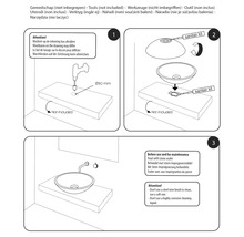 Monteringsanvisning för ett tvättställ med steg för installation av blandare, avloppssats och underhållsinstruktioner