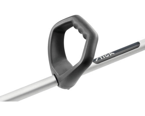 Handtag till en grästrimmer med Stiga logotyp