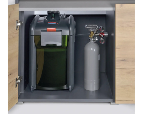 Akvariumskåp med externt filter och CO2-flaska