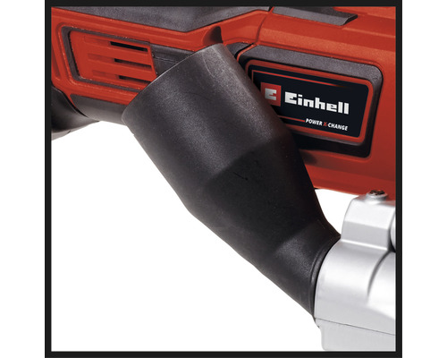 Närbild av en Einhell verktygsmaskin med dammutsug och Einhell-logotyp.