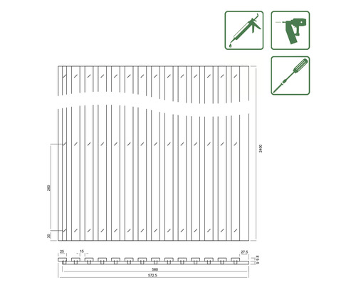 Teknisk ritning av en avskärmning med mått och verktygssymboler.