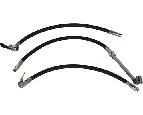 Tre däcktrycksslangar med olika tillbehör