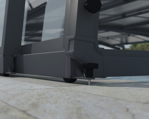 Detaljvy av ett terrasstak med förankring i marken