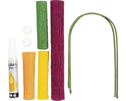 Hantverksset för pappersblommor med crêppapper, tråd och lim