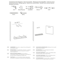 Instruktioner för väggmontering av möbler, inklusive borrmaskin, måttband, skruvmejsel, silikon, vattenpass, penna och skiftnyckel