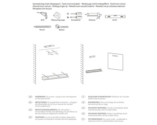 Instruktioner för väggmontering av möbler, inklusive borrmaskin, måttband, skruvmejsel, silikon, vattenpass, penna och skiftnyckel