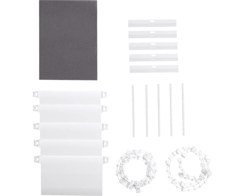 Reservdelssats för vertikala persienner med lameller, viktplattor, anslutningsstycken och kedjor