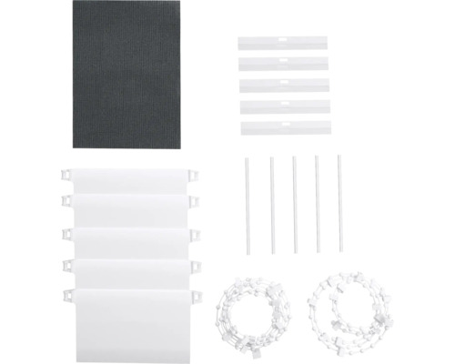 Komponenter för rullgardiner: tyg, tyngdstänger, kedjor, lamellhållare