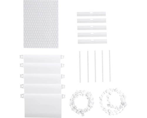 Reservdelssats för vertikala persienner bestående av viktplattor, kedjor, anslutningsstycken och distanser