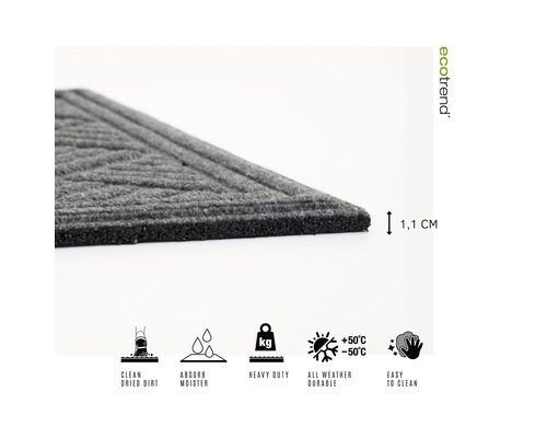 Dörrmatta med en tjocklek på 1,1 cm, rengör torkad smuts, absorberar fukt, slitstark, lämplig för alla väder och lätt att rengöra.