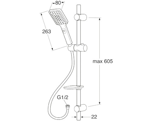 Teknisk ritning av ett duschset med handdusch, duschstång, duschslang och måttangivelser