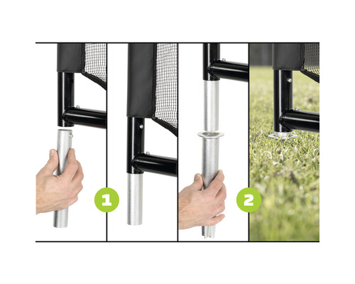 Monteringsanvisning i tre steg för en trädgårdstrampolin med skyddsnät