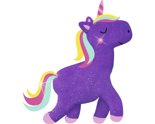 Lila enhörningsfigur med man och svans i olika färger
