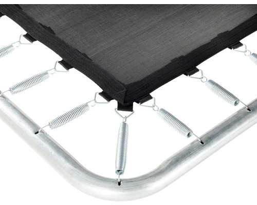 Detaljvy av en studsmatta med hoppduk, fjädrar och ram