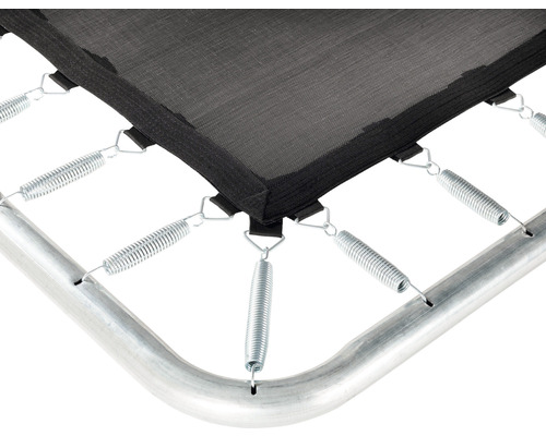 Detaljvy av en studsmatta med fjädrar, ram och hoppduk