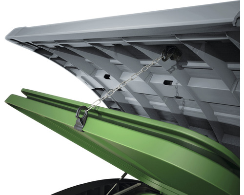 Öppnad soptunna med kedja för att begränsa locket