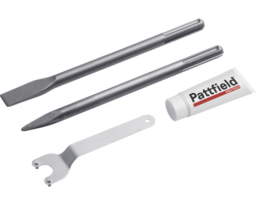 Mejselsats med plattmejsel, spetsmejsel, skiftnyckel och smörjmedel