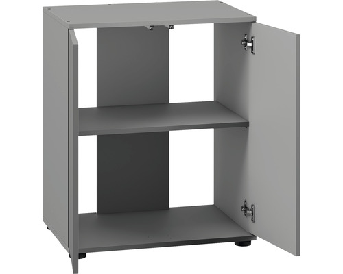 Grått underskåp med två hyllor och en öppen dörr