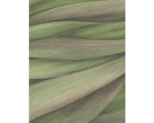 Detaljbild av en grön non-woven tapet med vågig struktur.