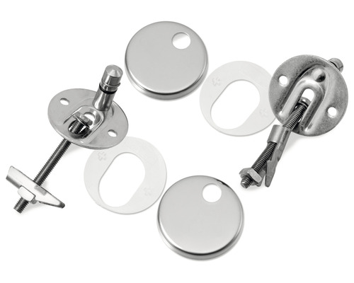 Monteringssats för toalettstolar, bestående av monteringsplattor, skruvar och lock