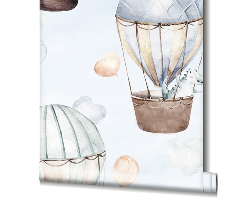 Tapet med luftballonger, moln och dinosauriemotiv